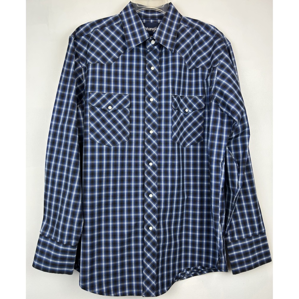 Wrangler Shirt Mens XL Pearl Snap Blue Plaid Cowboy Western Rodeo Read